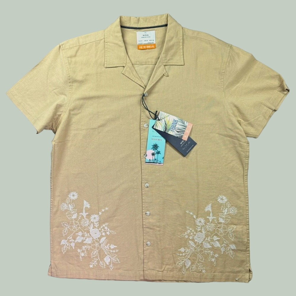 New MBX Premium Goods Shirt Men M Warm Sand‎ Beige Embroidered Floral Camp Boho